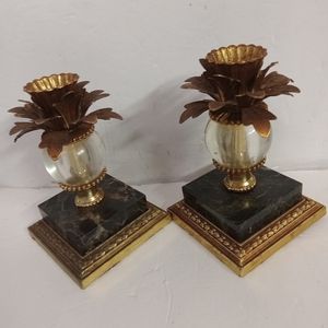 Vintage Dilli Marble Granite ,Glass & Metal Candleholders Pineapple Pedestal